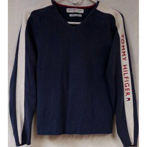 Vtg Tommy Hilfiger Womens Medium Blue V-Neck Long Sleeve Spellout Heavy Sweater